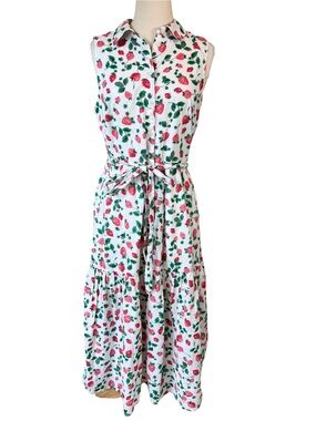 J Crew Factory Strawberry Print Collared Sleeveless Midi Dress